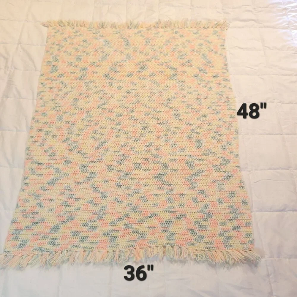 Vintage Handmade Afghan Blanket Crochet Knit 36x48 Pink Blue White